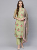 Green & Pink Embroidered Lace Kurta with Trousers & Dupatta
