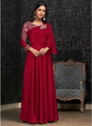 Red Georgette With Embroidery Work Floor-Length Readymade Gown