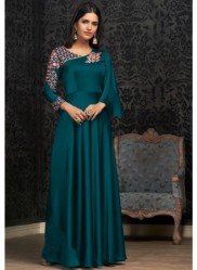Sea Blue Georgette With Embroidery Work Floor-Length Readymade Gown