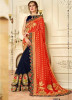 Blue & Orange Satin & Silk With Heavy Embroidery Saree