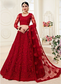 Dark Red Net Silk Satin 2 Layer Inner With Can-Can Bridal Lehenga Choli