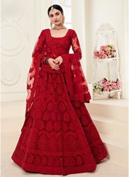 Ruby Red Net Silk Satin 2 Layer Inner With Can-Can Bridal Lehenga Choli