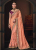 Peach Net Satin Georgette Silk Handloom Designer Saree