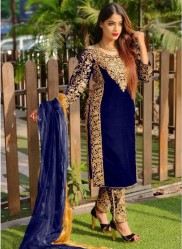 Royal Blue Velvet With Front & Back Embroidery Work Winter Salwar Suit