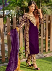 Dark Purple Velvet With Front & Back Embroidery Work Winter Salwar Suit