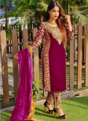 Magenta Velvet With Front & Back Embroidery Work Winter Salwar Suit
