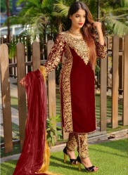 Maroon Velvet With Front & Back Embroidery Work Winter Salwar Suit