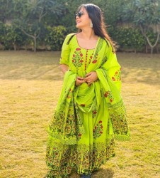 Green cotton Anarkali suit