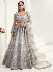 Gray Net With Silk Satin Wedding Lehenga Choli