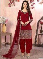 Red Art Silk Patiala Salwar Kameez
