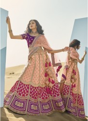 Cream & Pink Banarasi Silk With Heavy Work Wedding Lehenga Choli