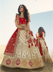 Beige & Red Banarasi Silk With Heavy Work Wedding Lehenga Choli