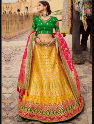Yellow Pure Silk Jacquard Wedding Lehenga Choli