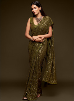 Olive Green  Georgette With Sequins Work Saree