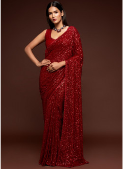 Red  Georgette With Sequins Work Saree