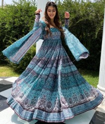 BLUE CHANDERI READYMADE GOWN WITH DUPATTA