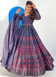 BLUE CHANDERI READYMADE GOWN WITH DUPATTA