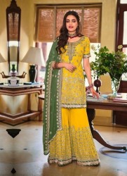 YELLOW GEORGETTE WITH EMBROIDERY & FANCY LACE WORK PALAZZO-BOTTOM SALWAR KAMEEZ