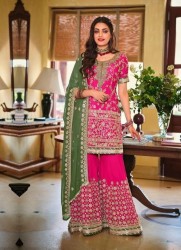 DEEP PINK GEORGETTE WITH EMBROIDERY & FANCY LACE WORK PALAZZO-BOTTOM SALWAR KAMEEZ