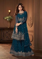 SEA BLUE REAL GEORGETTE EMBROIDERED PARTY-WEAR PALAZZO-BOTTOM SALWAR KAMEEZ [SHAMITA SHETTY COLLECTION]