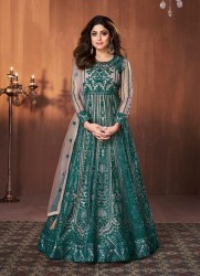 TEAL GREEN NET WITH EMBROIDERED PARTY-WEAR NET ANARKALI SALWAR KAMEEZ [SHAMITA SHETTY COLLECTION]