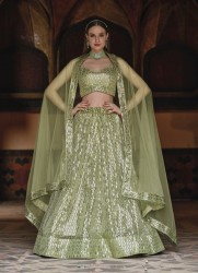 LIGHT OLIVE GREEN NET WITH SEQUINS & EMBROIDERY WORK PARTY-WEAR STYLISH LEHENGA CHOLI (WITH CAN-CAN)