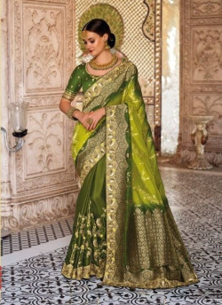 OLIVE GREEN SILK EMBROIDERY PARTY-WEAR SAREE