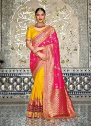 DEEP PINK & YELLOW SILK EMBROIDERY PARTY-WEAR SAREE