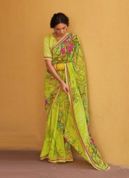 PARROT GREEN GEORGETTE WITH HEAVY JACQUARD BORDER PRINTED CASUAL-WEAR WEIGHTLESS SAREE