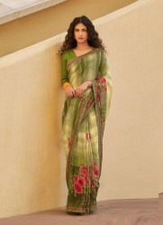 OLIVE GREEN GEORGETTE WITH HEAVY JACQUARD BORDER PRINTED CASUAL-WEAR WEIGHTLESS SAREE