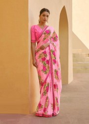 HOT PINK GEORGETTE WITH HEAVY JACQUARD BORDER PRINTED CASUAL-WEAR WEIGHTLESS SAREE