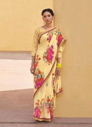 CREAMY YELLOW GEORGETTE WITH HEAVY JACQUARD BORDER PRINTED CASUAL-WEAR WEIGHTLESS SAREE
