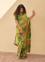 OLIVE GREEN GEORGETTE WITH HEAVY JACQUARD BORDER PRINTED CASUAL-WEAR WEIGHTLESS SAREE