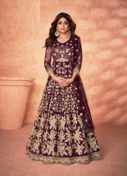 WINE NET FRONT & BACK EMBROIDERY WORK PARTY-WEAR FLOOR-LENGTH SALWAR KAMEEZ [SHAMITA SHETTY COLLECTION]