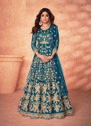 TEAL BLUE NET FRONT & BACK EMBROIDERY WORK PARTY-WEAR FLOOR-LENGTH SALWAR KAMEEZ [SHAMITA SHETTY COLLECTION]