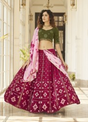 JAM & OLIVE GREEN GEORGETTE SEQUINS, EMBROIDERY & THREAD-WORK PARTY-WEAR STYLISH LEHENGA CHOLI