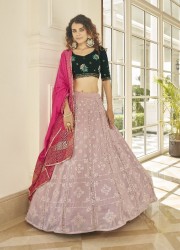 LIGHT PINK & DARK GREEN GEORGETTE SEQUINS, EMBROIDERY, STONE PASTING & THREAD-WORK PARTY-WEAR STYLISH LEHENGA CHOLI
