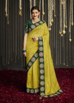 LIME YELLOW ORGANZA SILK EMBROIDERED PARTY-WEAR SAREE [KAJAL AGGARWAL COLLECTION]