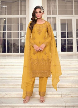 YELLOW BUTTERFLY NET EMBROIDERED PARTY-WEAR PANT-BOTTOM SALWAR KAMEEZ