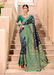 NAVY BLUE SILK EMBROIDERED PARTY-WEAR SAREE