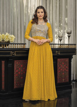 MUSTARD YELLOW GEORGETTE EMBROIDERED FESTIVE-WEAR READYMADE FLOOR-LENGTH GOWN