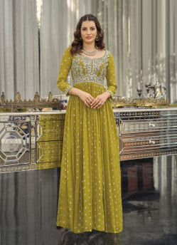 OLIVE GREEN GEORGETTE EMBROIDERED FESTIVE-WEAR READYMADE FLOOR-LENGTH GOWN
