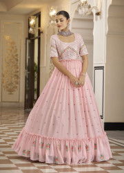 LIGHT PINK GEORGETTE SEQUINS, EMBROIDERY & THREAD-WORK FESTIVE-WEAR FLOOR-LENGTH GOWN