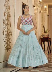 LIGHT BLUE GEORGETTE SEQUINS, EMBROIDERY & THREAD-WORK FESTIVE-WEAR FLOOR-LENGTH GOWN