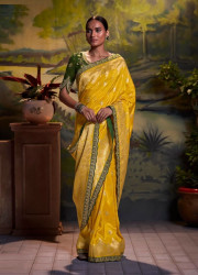 YELLOW SILK JACQUARD EMBROIDERED PARTY-WEAR SAREE