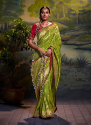 PARROT GREEN SILK JACQUARD EMBROIDERED PARTY-WEAR SAREE