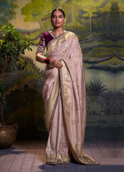 LIGHT PINK SILK JACQUARD EMBROIDERED PARTY-WEAR SAREE