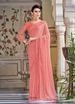 LIGHT CORAL SILK EMBROIDERED PARTY-WEAR FASHIONABLE SAREE