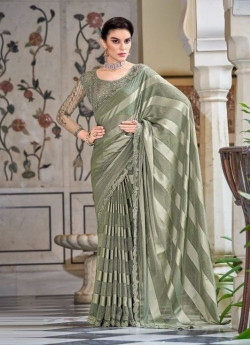 SAGE GREEN SILK EMBROIDERED PARTY-WEAR FASHIONABLE SAREE
