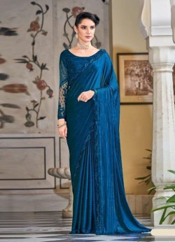 BLUE SILK EMBROIDERED PARTY-WEAR FASHIONABLE SAREE